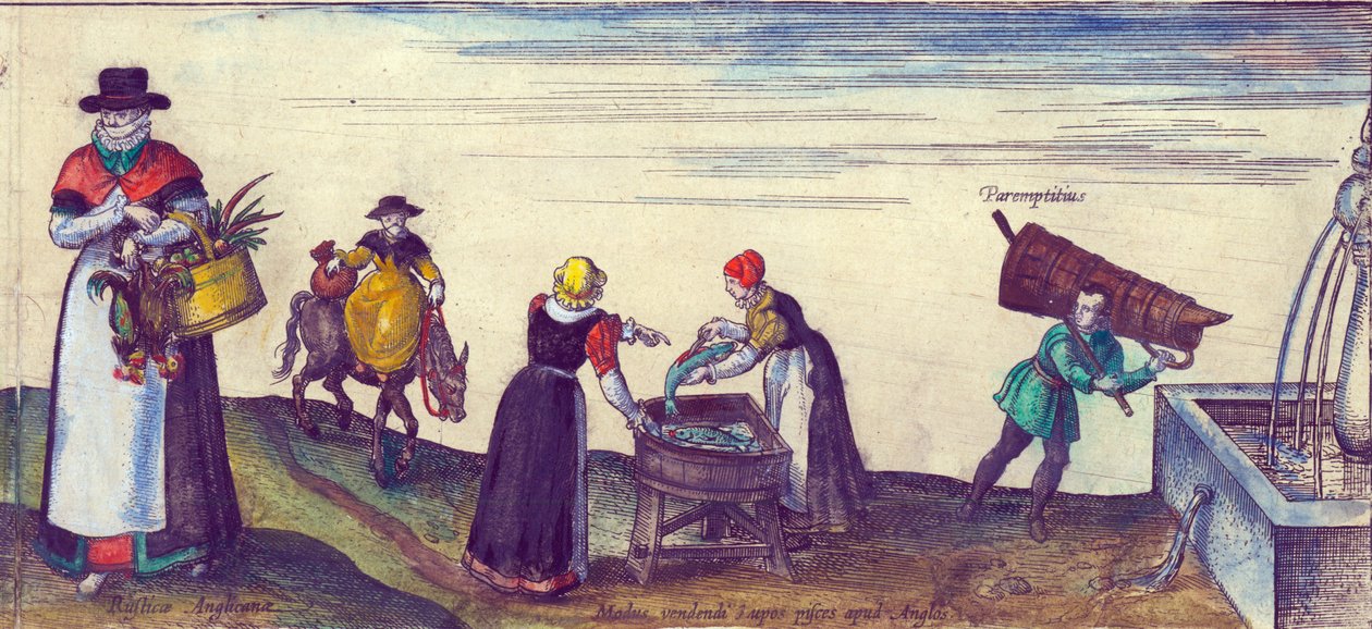 Vidéki emberek piacra mennek, csukát áruló halászfeleségek és egy tanonc vizet hoz a kútból, 1598 kézzel színezett rézmetszet, 324184 részlet, 1598 alkotó: Joris Hoefnagel