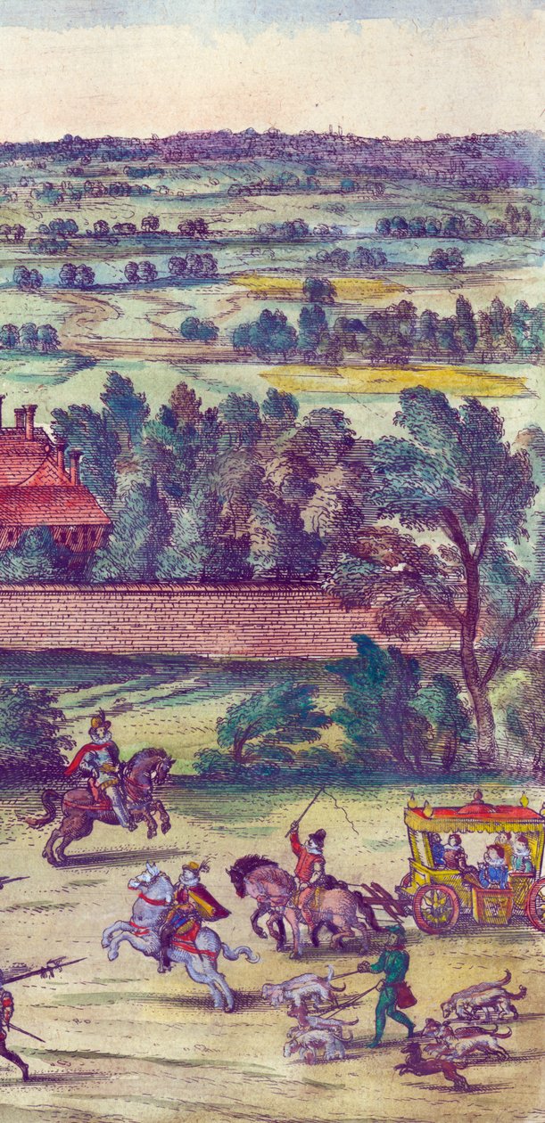 Udvaroncok és vadászkutyák kísérik I. Erzsébet királynő érkezését a Nonsuch palotába, 1598 kézzel színezett rézmetszet, 324184 részlete alkotó: Joris Hoefnagel