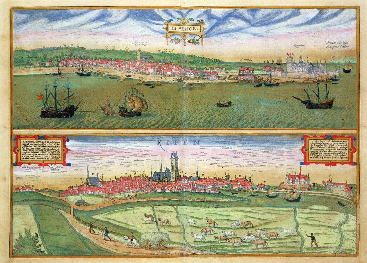 Elsenor és Ripen, Georg Braun (1541-1622) és Frans Hogenburg (1535-90) „A világ városai” című művéből, 1572 körül alkotó: Joris Hoefnagel