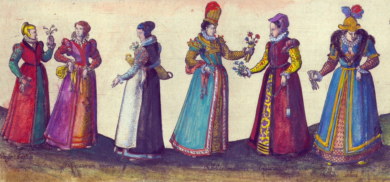 Angol nők az Erzsébet-korszakból, 1598 (kézzel színezett rézmetszet) alkotó: Joris Hoefnagel