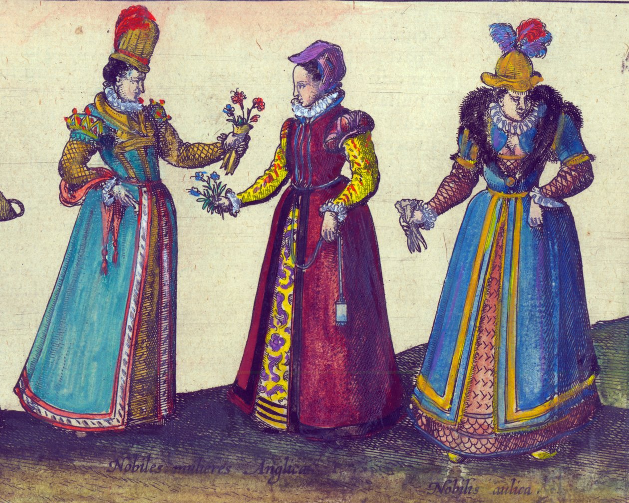 Angol nők az Erzsébet-korszakból, 1598-as kézi színezett rézmetszet, 324184 részlet alkotó: Joris Hoefnagel