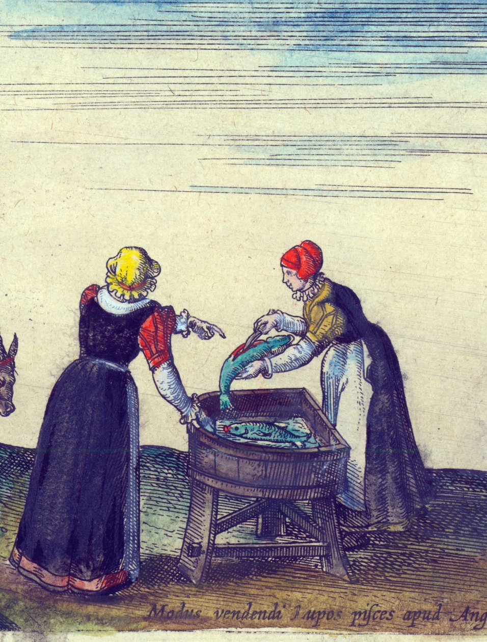 Halásznők csukát árulnak és kibeleznek, 1598, kézzel színezett rézmetszet, 324184 részlete alkotó: Joris Hoefnagel
