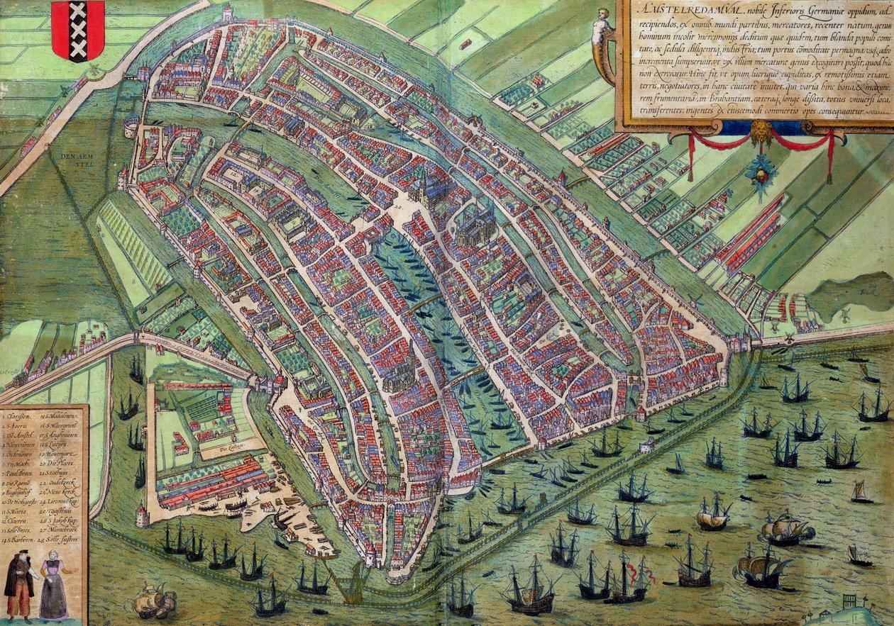 Amszterdam térképe, Georg Braun (1541-1622) és Frans Hogenburg (1535-90) „A világ városai”-ból, 1572 körül alkotó: Joris Hoefnagel