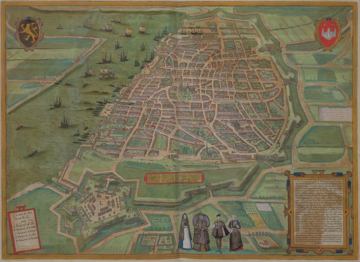 Antwerpen térképe, Georg Braun (1541-1622) és Frans Hogenburg (1535-90) "Világ városai"-ból, 1572 körül alkotó: Joris Hoefnagel