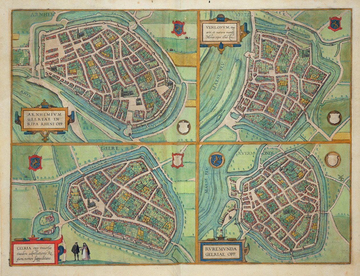 Arnhem, Velmo, Gelre és Ruerm térképe, Georg Braun (1541-1622) és Frans Hogenberg (1535-90) "Civitates Orbis Terrarum" című művéből, 1572-1617 körül. alkotó: Joris Hoefnagel