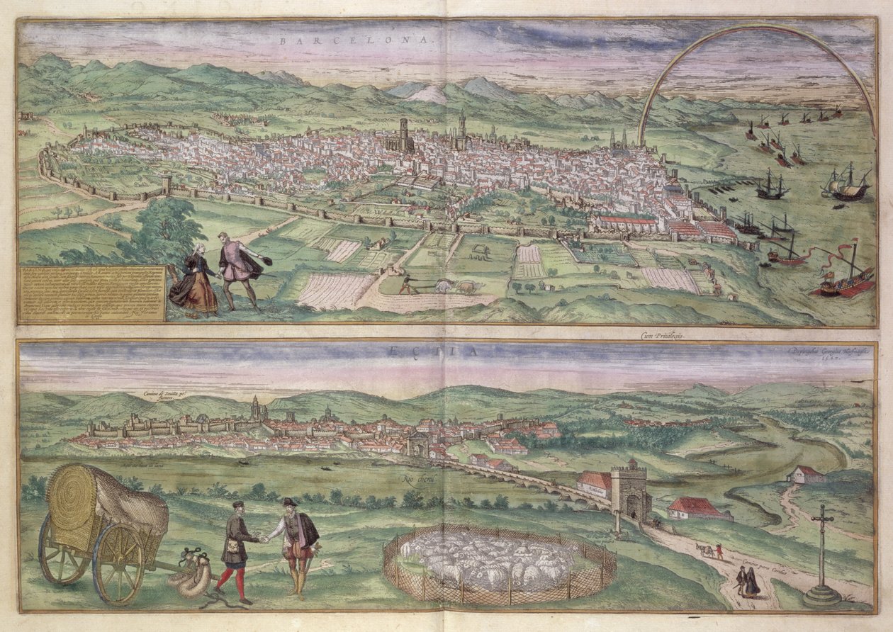Barcelona térképe, Georg Braun (1541-1622) és Frans Hogenberg (1535-90) „Civitates Orbis Terrarum”-ból, 1567 alkotó: Joris Hoefnagel
