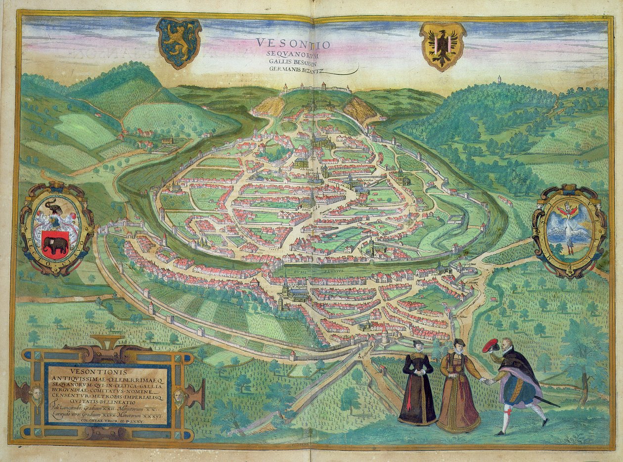 Besancon térképe, Georg Braun (1541-1622) és Frans Hogenberg (1535-90) „Civitates Orbis Terrarum” című művéből, 1575 (színes metszet) alkotó: Joris Hoefnagel