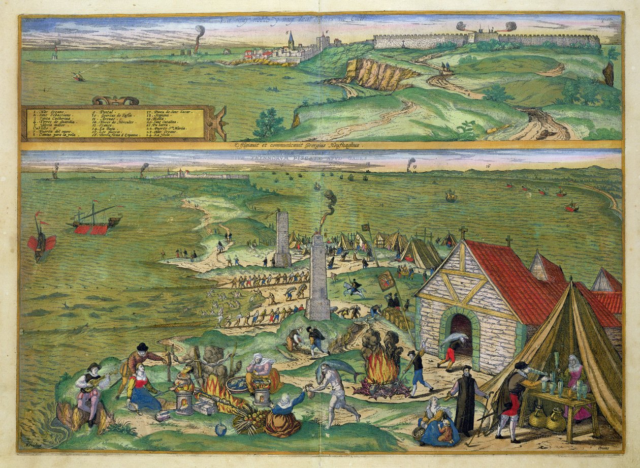 Cadiz térképe, Georg Braun (1541-1622) és Frans Hogenberg (1535-90) „A világ városai” című művéből, 1572 körül alkotó: Joris Hoefnagel