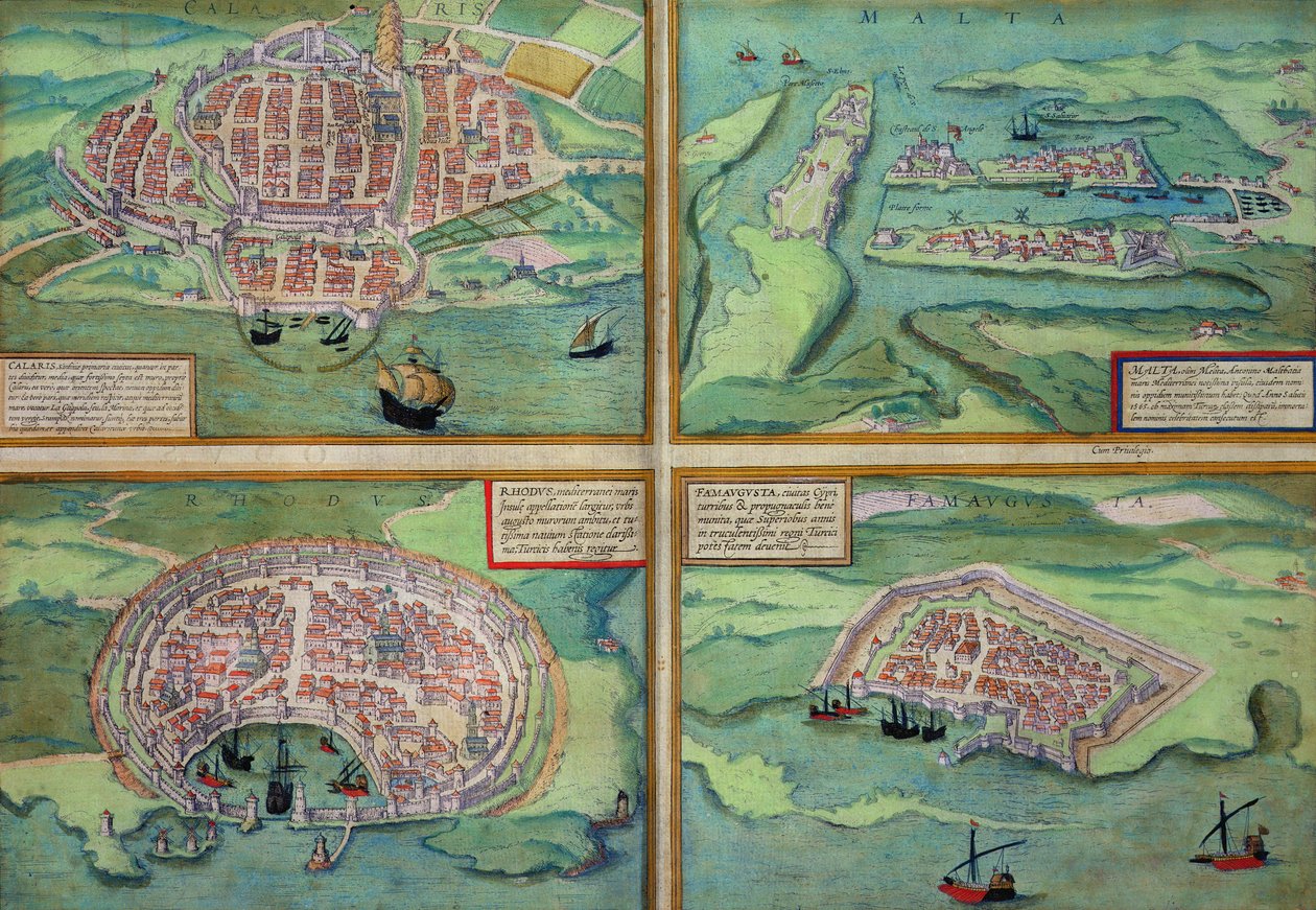 Calais, Málta, Rodosz és Famagusta térképe Georg Braun (1541-1622) és Frans Hogenberg (1535-90) „A világ városai” című művéből, 1572 körül alkotó: Joris Hoefnagel