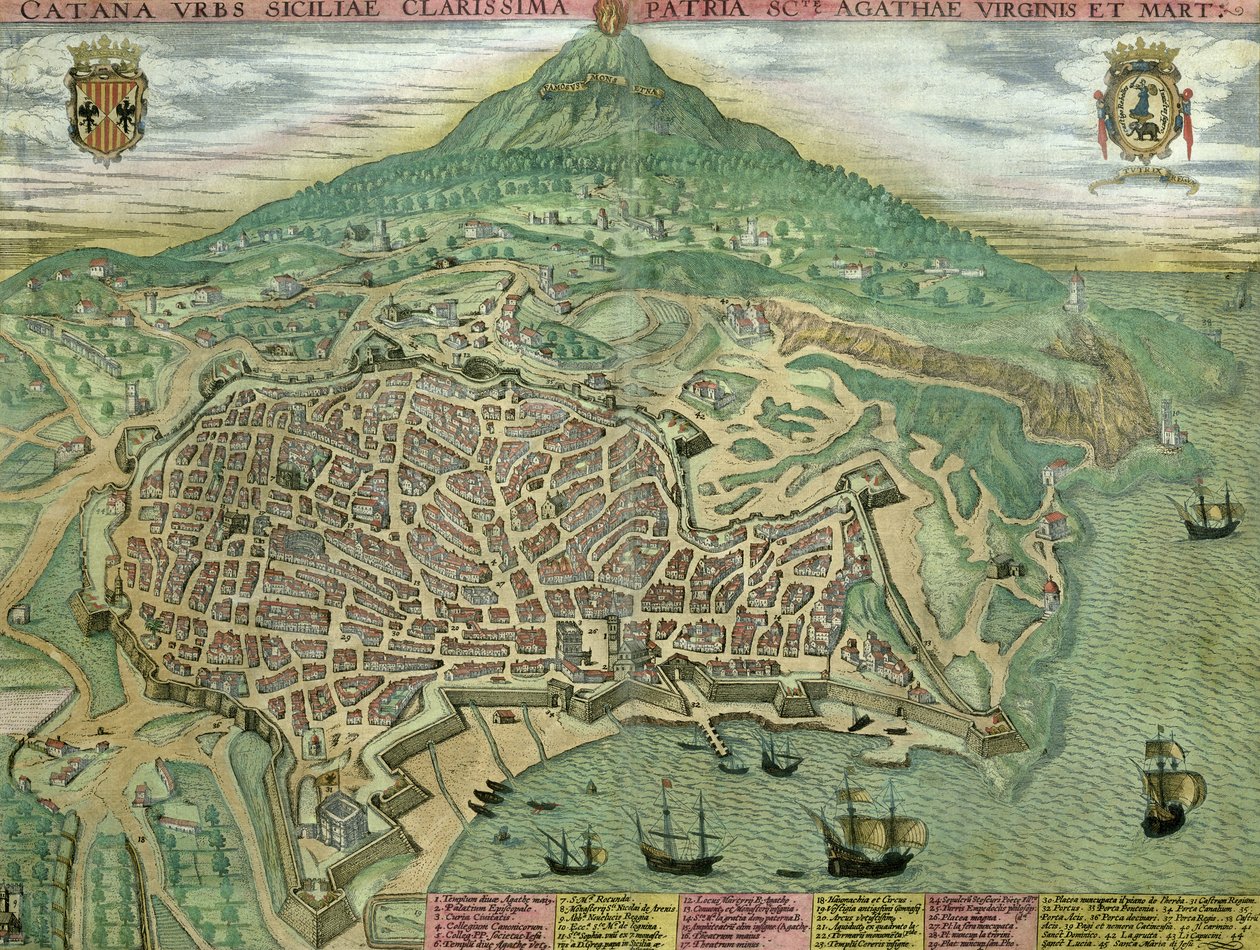 Catania térképe, Georg Braun (1541-1622) és Frans Hogenberg (1535-90) „Civitates Orbis Terrarum” című művéből, 1572 körül alkotó: Joris Hoefnagel