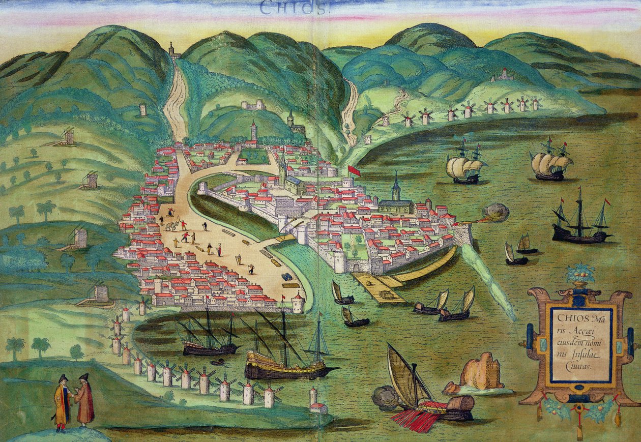 Chios térképe, Georg Braun (1541-1622) és Frans Hogenberg (1535-90) "Civitates Orbis Terrarum" című művéből, 1572-1617 körül. alkotó: Joris Hoefnagel
