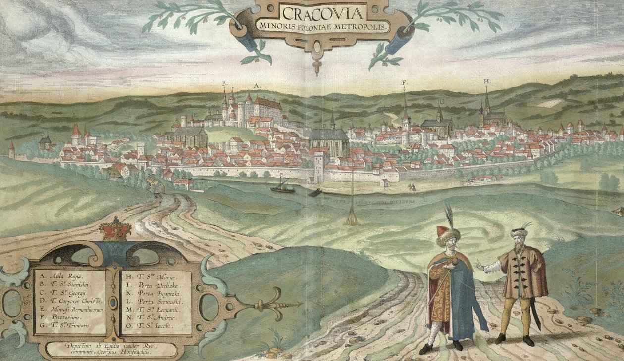 Krakkó térképe, Georg Braun (1541-1622) és Frans Hogenberg (1535-90) „A világ városai” című művéből, 1572 körül alkotó: Joris Hoefnagel