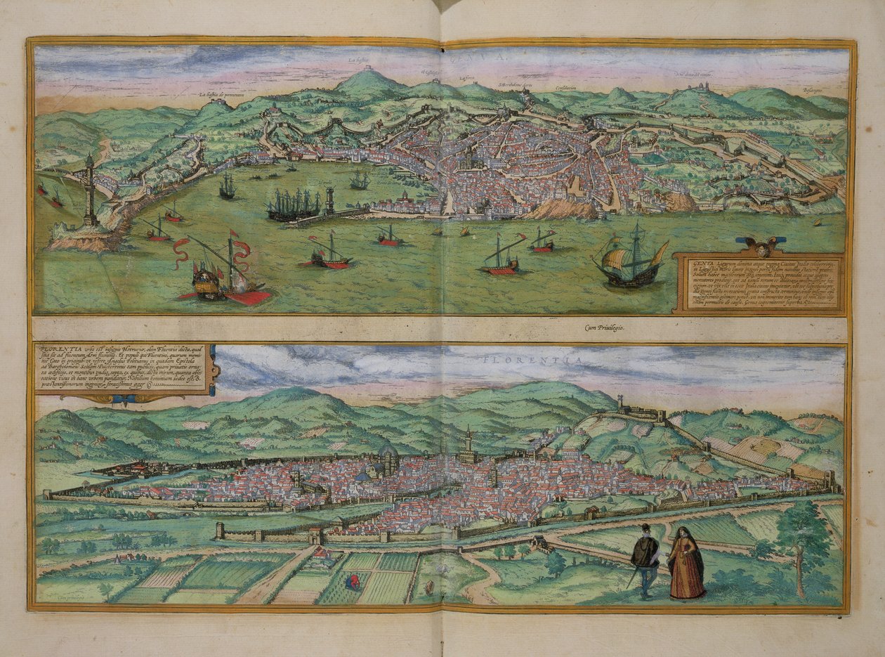 Genova és Firenze térképe, Georg Braun (1541-1622) és Frans Hogenberg (1535-90) „Civitates Orbis Terrarum” című művéből, 1572 körül alkotó: Joris Hoefnagel