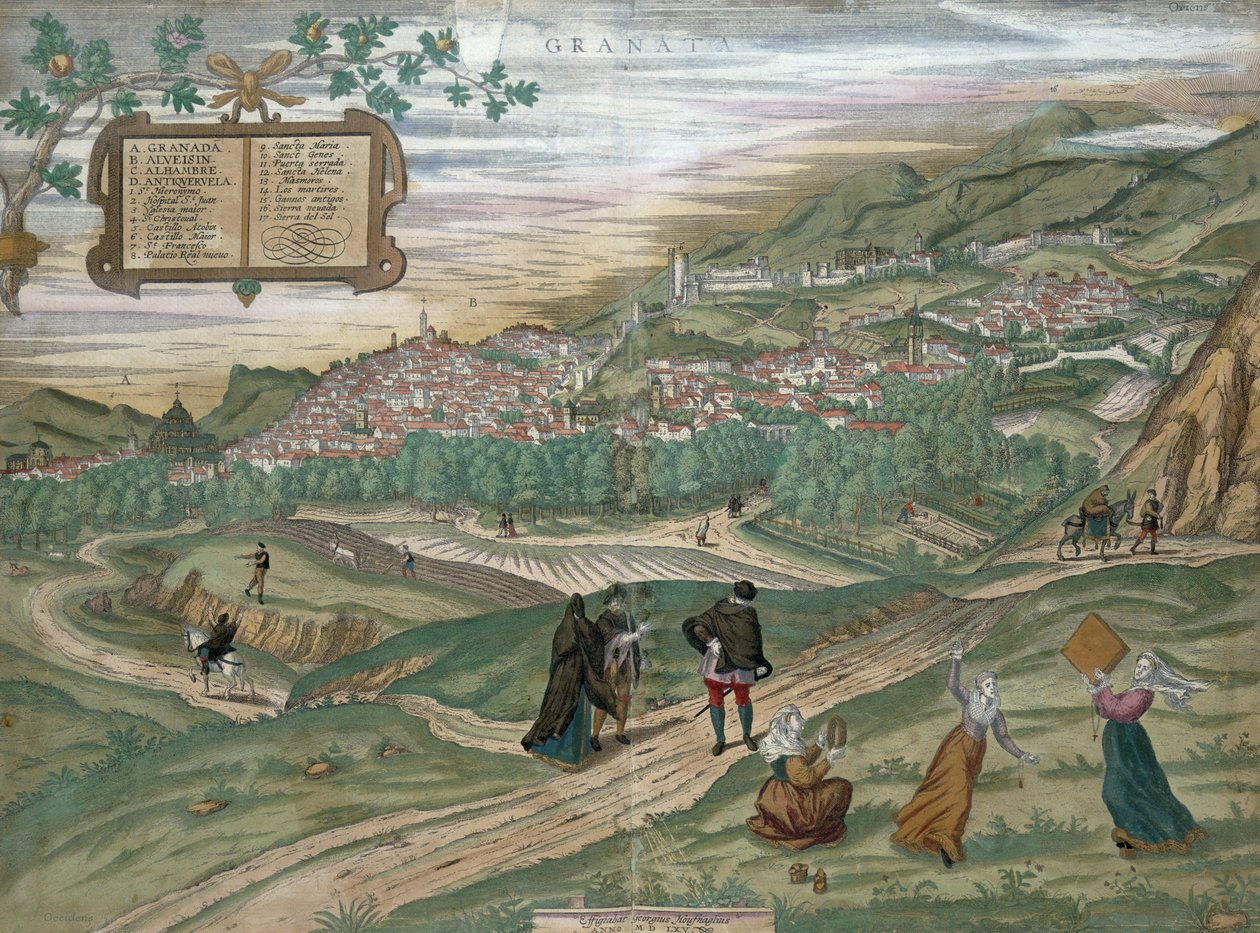 Granada térképe, a „Civitates Orbis Terrarum” I. kötet 4. számából, Georg Braun (1541-1622) és Frans Hogenberg (1535-90), 1565 alkotó: Joris Hoefnagel