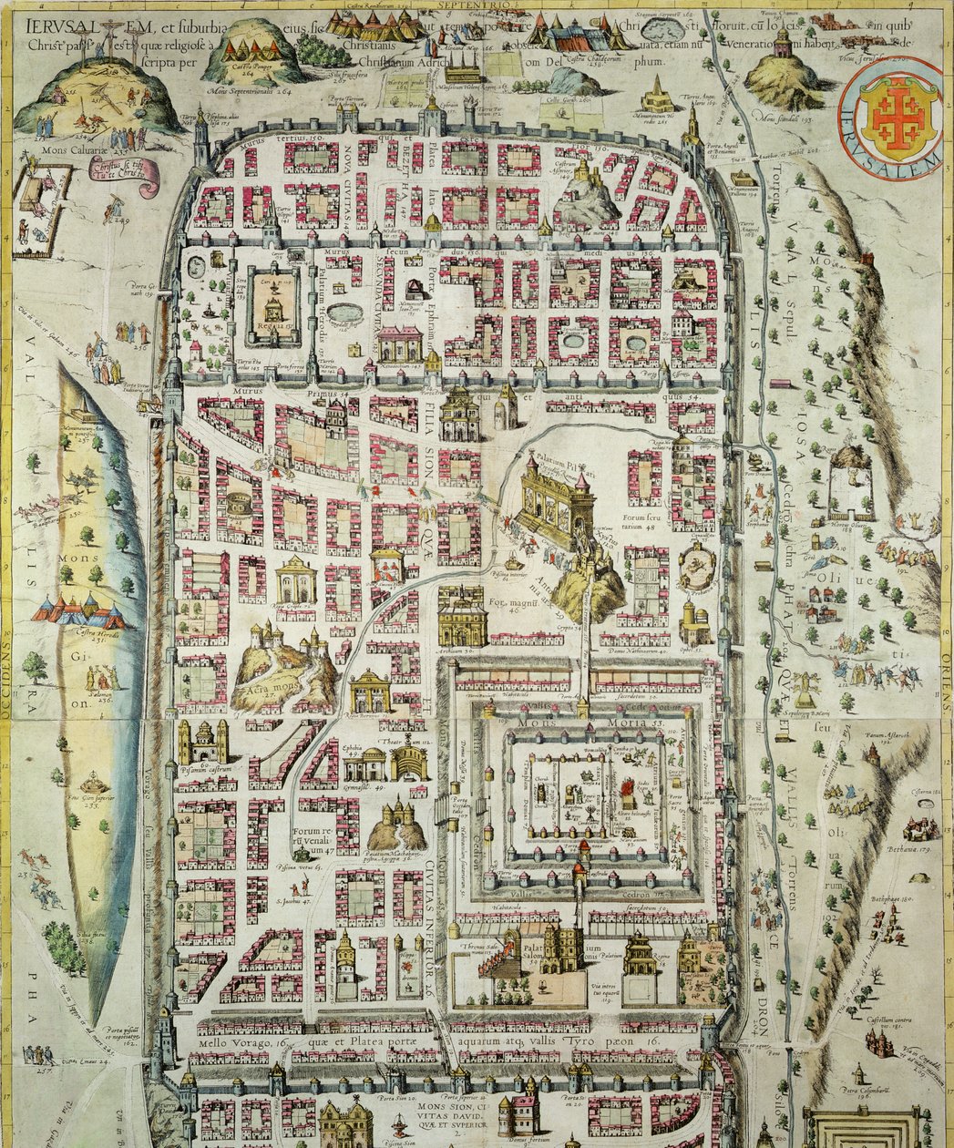 Jeruzsálem és a környék térképe, Georg Braun (1541-1622) és Frans Hogenberg (1535-90) 1572-1617 körüli „Civitates Orbis Terrarum”-ból (lásd: 138906) alkotó: Joris Hoefnagel
