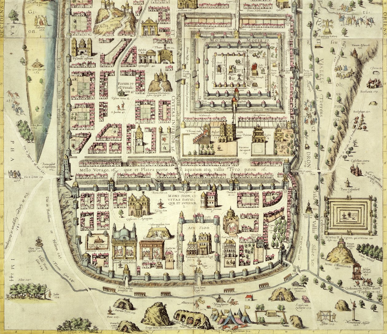 Jeruzsálem és a környező terület térképe, Georg Braum (1541-1622) és Frans Hogenberg (1535-90) 1572-1617 körüli „Civitates Orbis Terrarum” című művéből (lásd: 138905) alkotó: Joris Hoefnagel
