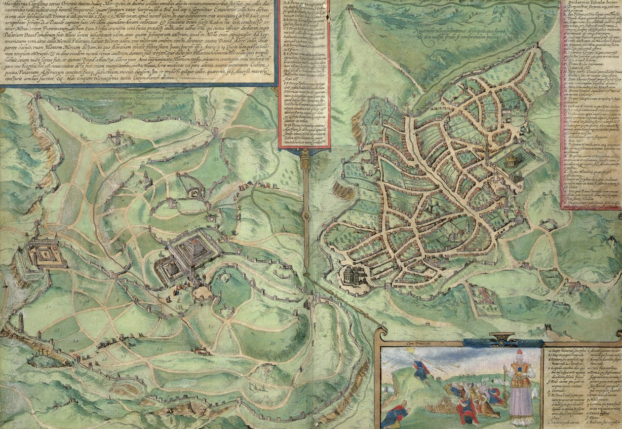 Jeruzsálem térképe Georg Braun (1541-1622) és Frans Hogenberg (1535-90) „A világ városai” című művéből, 1572 körül alkotó: Joris Hoefnagel