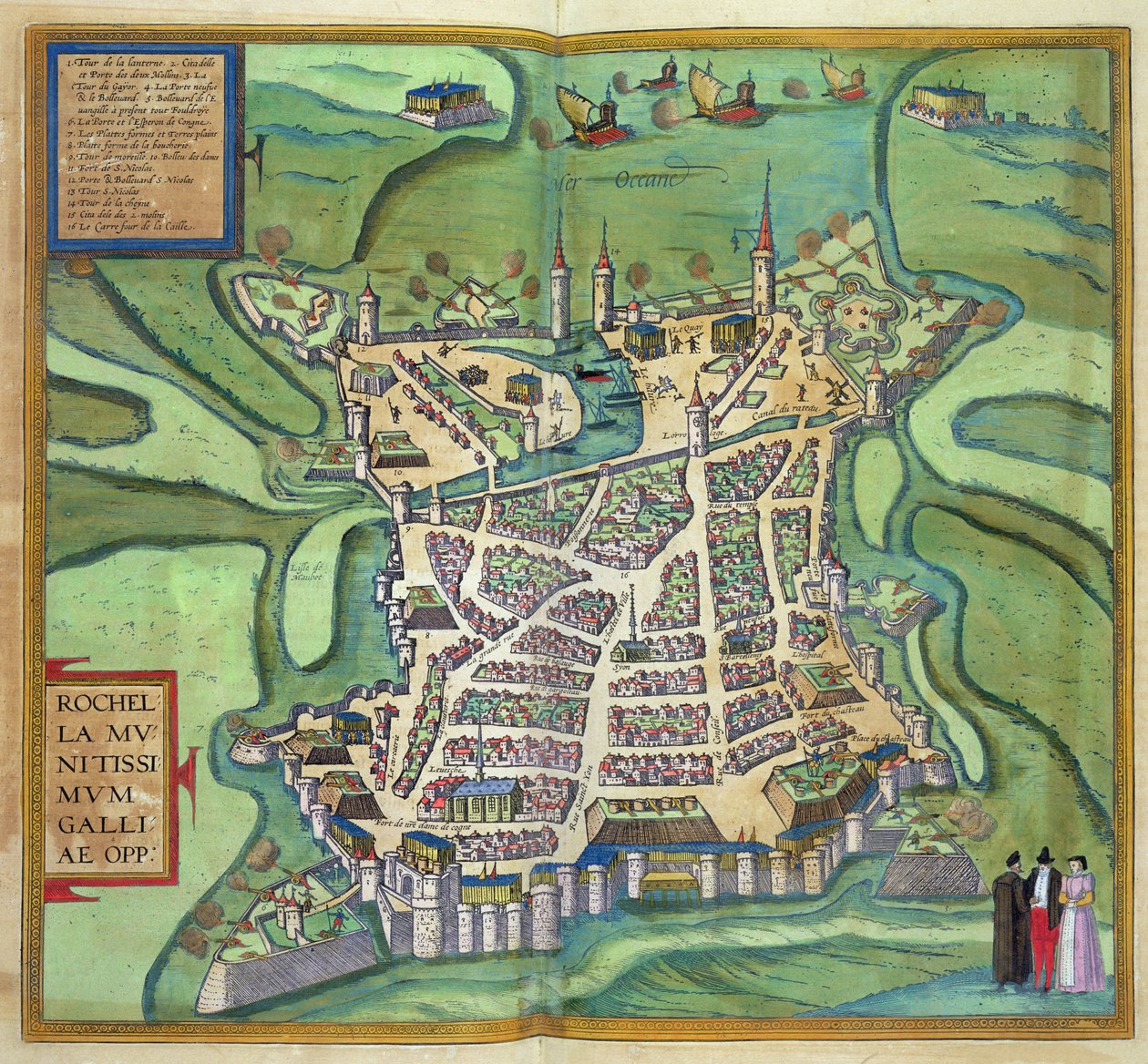 La Rochelle térképe, Georg Braun (1541-1622) és Frans Hogenberg „Civitates Orbis Terrarum” című művéből, 1572 körül (színes metszet) alkotó: Joris Hoefnagel