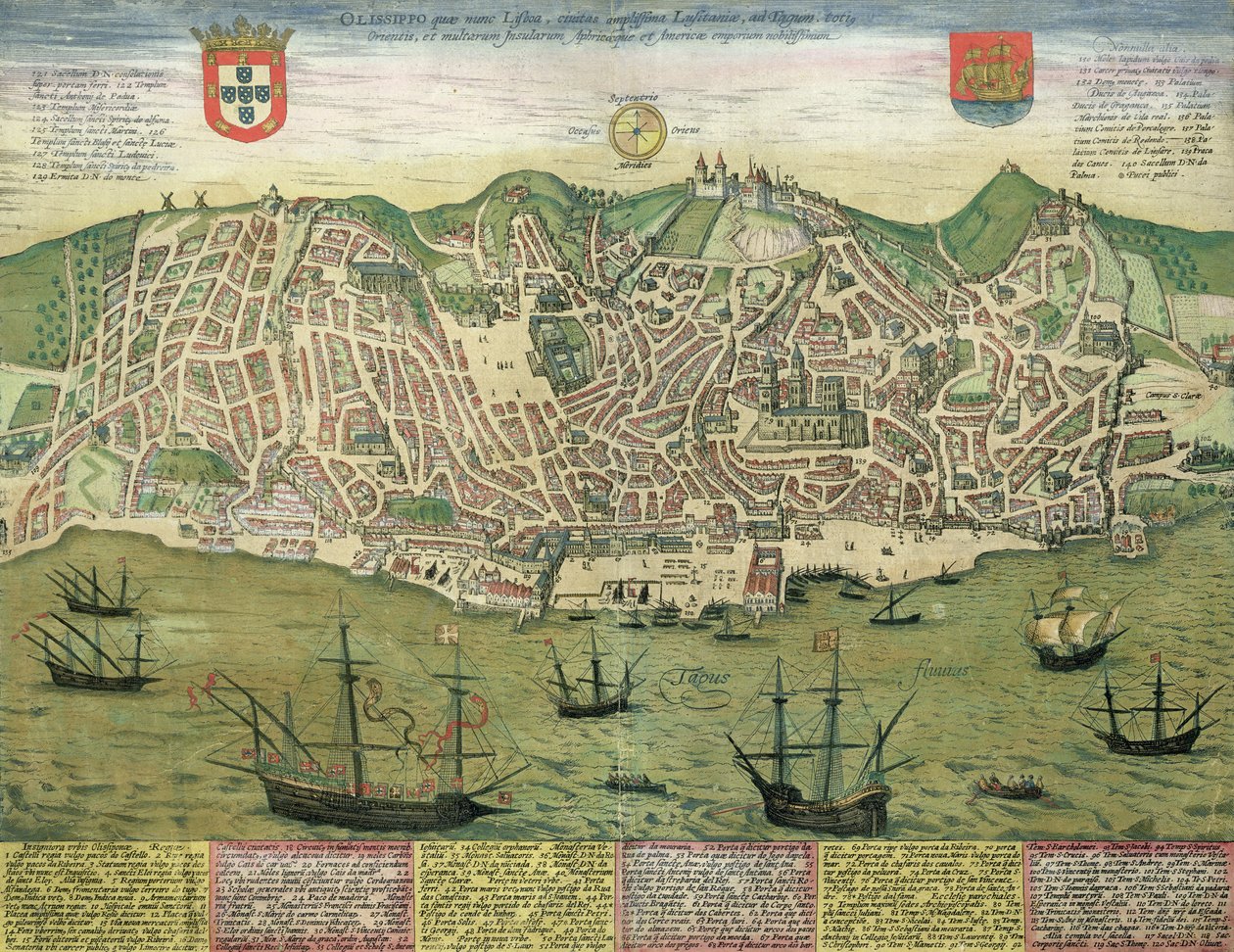 Lisszabon térképe, Georg Braun (1541-1622) és Frans Hogenberg (1535-90) „Civitates Orbis Terrarum” című művéből, 1572 körül alkotó: Joris Hoefnagel