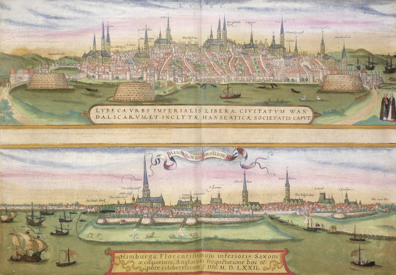 Lübeck és Hamburg térképe, Georg Braun (1541-1622) és Frans Hogenberg (1535-90) „Civitates Orbis Terrarum” című művéből, 1572 körül (színes metszet) alkotó: Joris Hoefnagel