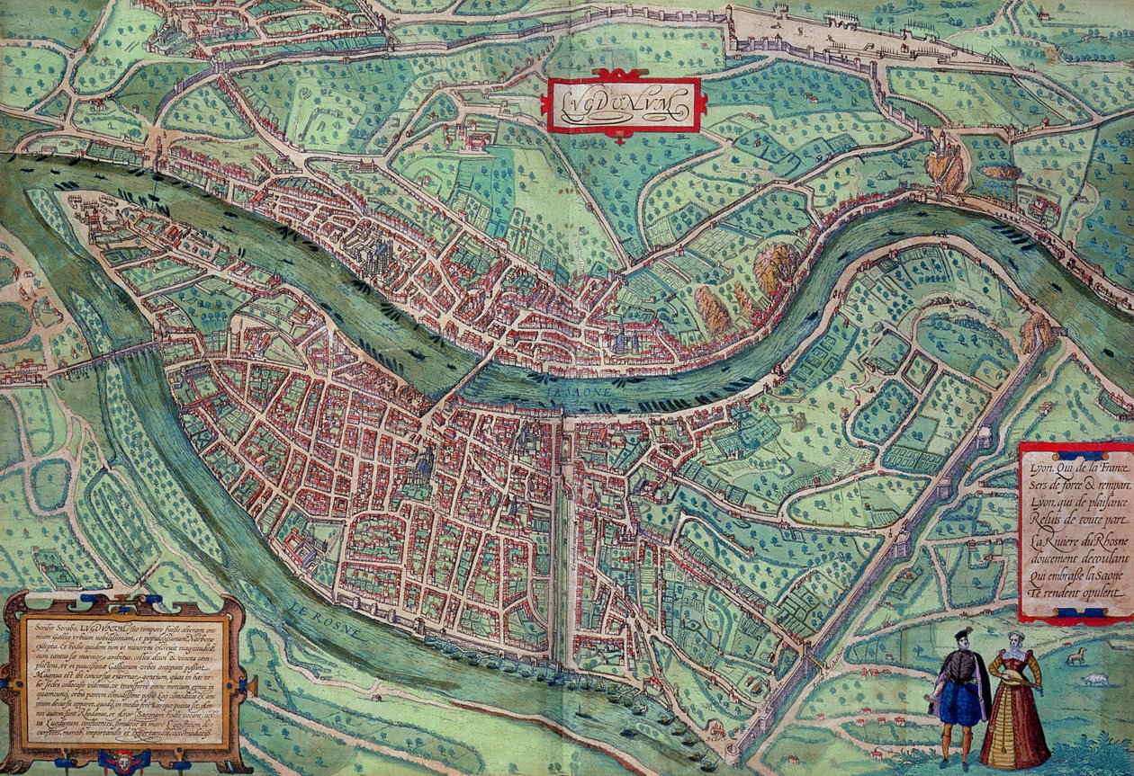 Lyon térképe, Georg Braun (1541-1622) és Frans Hogenberg (1535-90) „Civitates Orbis Terrarum” című művéből, 1572 körül (színes metszet) alkotó: Joris Hoefnagel