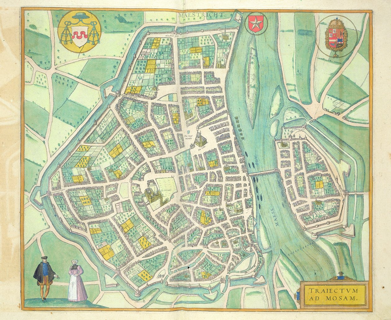 Maastricht térképe, Georg Braun (1541-1622) és Frans Hogenberg (1535-90) „Civitates Orbis Terrarum” c. 1572-1617 alkotó: Joris Hoefnagel