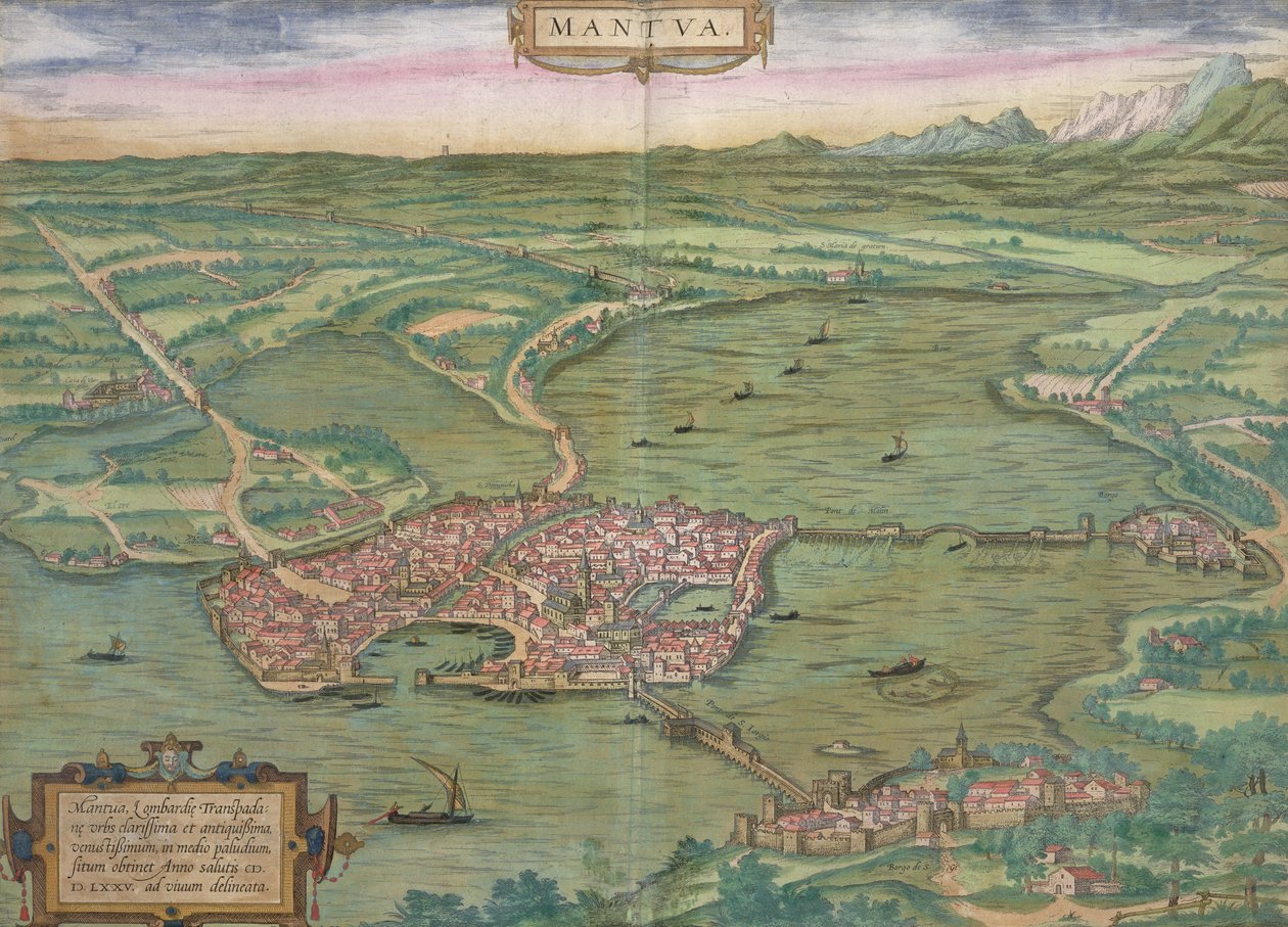Mantova térképe, Georg Braun (1541-1622) és Frans Hogenberg (1535-90) „Civitates Orbis Terrarum” című művéből, 1575 alkotó: Joris Hoefnagel