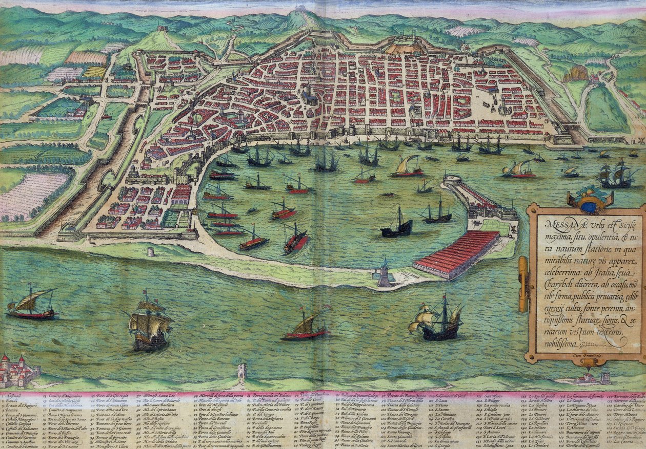 Messina térképe, Georg Braun (1541-1622) és Frans Hogenberg (1535-90) „A világ városai” című művéből, 1572 körül alkotó: Joris Hoefnagel