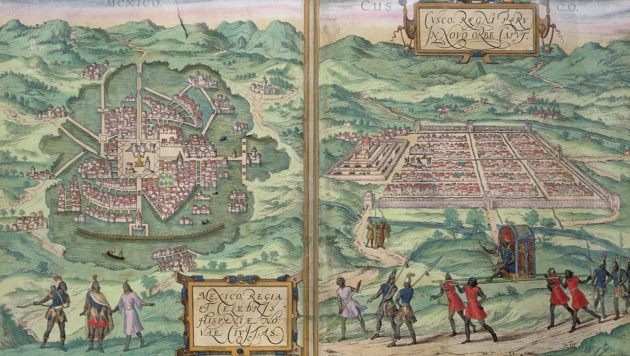 Mexikó és Cuzco térképe, Georg Braun (1541-1622) és Frans Hogenberg (1535-90) „Civitates Orbis Terrarum”-ból, 1572 körül alkotó: Joris Hoefnagel