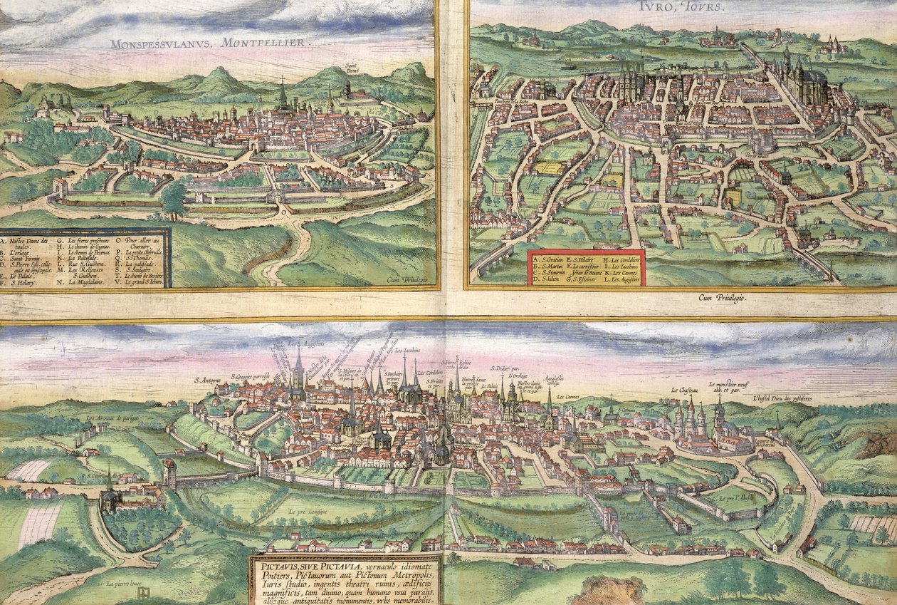 Montpellier, Tours és Poitiers térképe Georg Braun (1541-1622) és Frans Hogenberg (1535-90) „Civitates Orbis Terrarum” című művéből, 1572 körül alkotó: Joris Hoefnagel