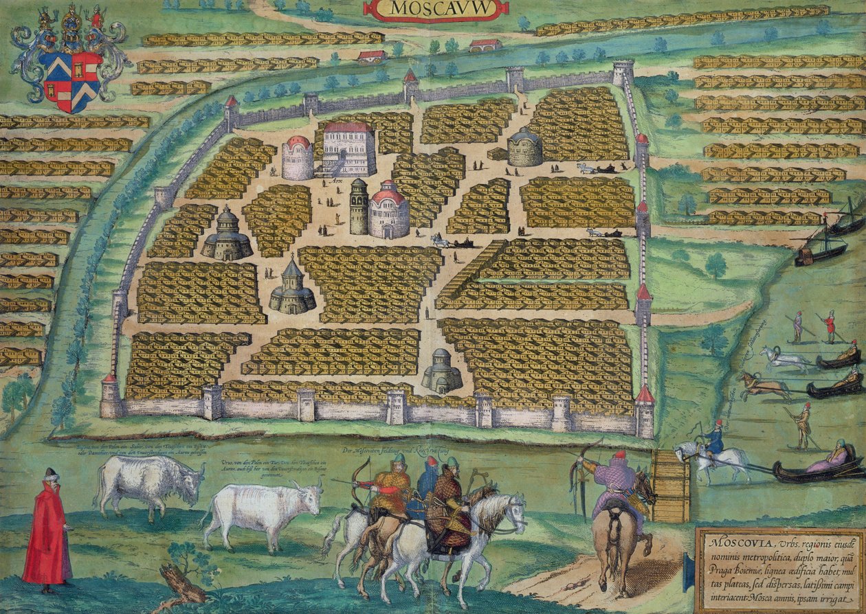 Moszkva térképe, Georg Braun (1541-1622) és Frans Hogenberg (1535-90) „Civitates Orbis Terrarum” című művéből, 1572 körül (színes metszet) alkotó: Joris Hoefnagel
