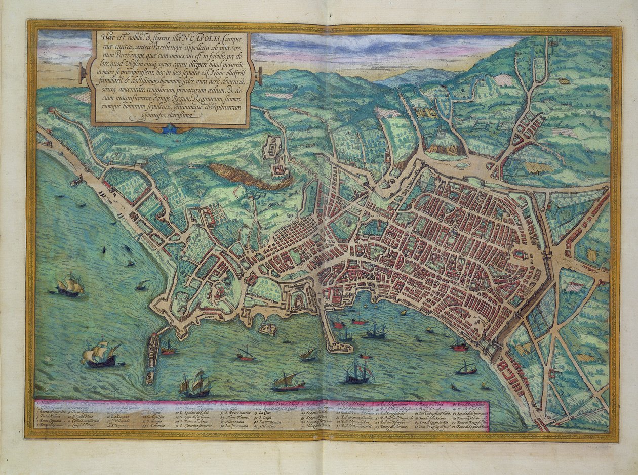 Nápoly térképe, Georg Braun (1541-1622) és Frans Hogenberg (1535-90) "Civitates Orbis Terrarum" című művéből, 1572 körül. alkotó: Joris Hoefnagel