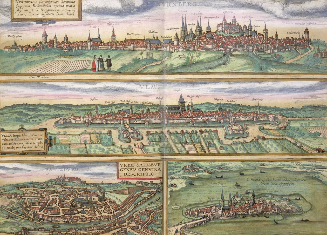 Nürnberg, Ulm és Saltzburg térképe, Georg Braun (1541-1622) és Frans Hogenberg (1535-90) „Civitates Orbis Terrarum” című művéből, 1572 körül (színes metszet) alkotó: Joris Hoefnagel