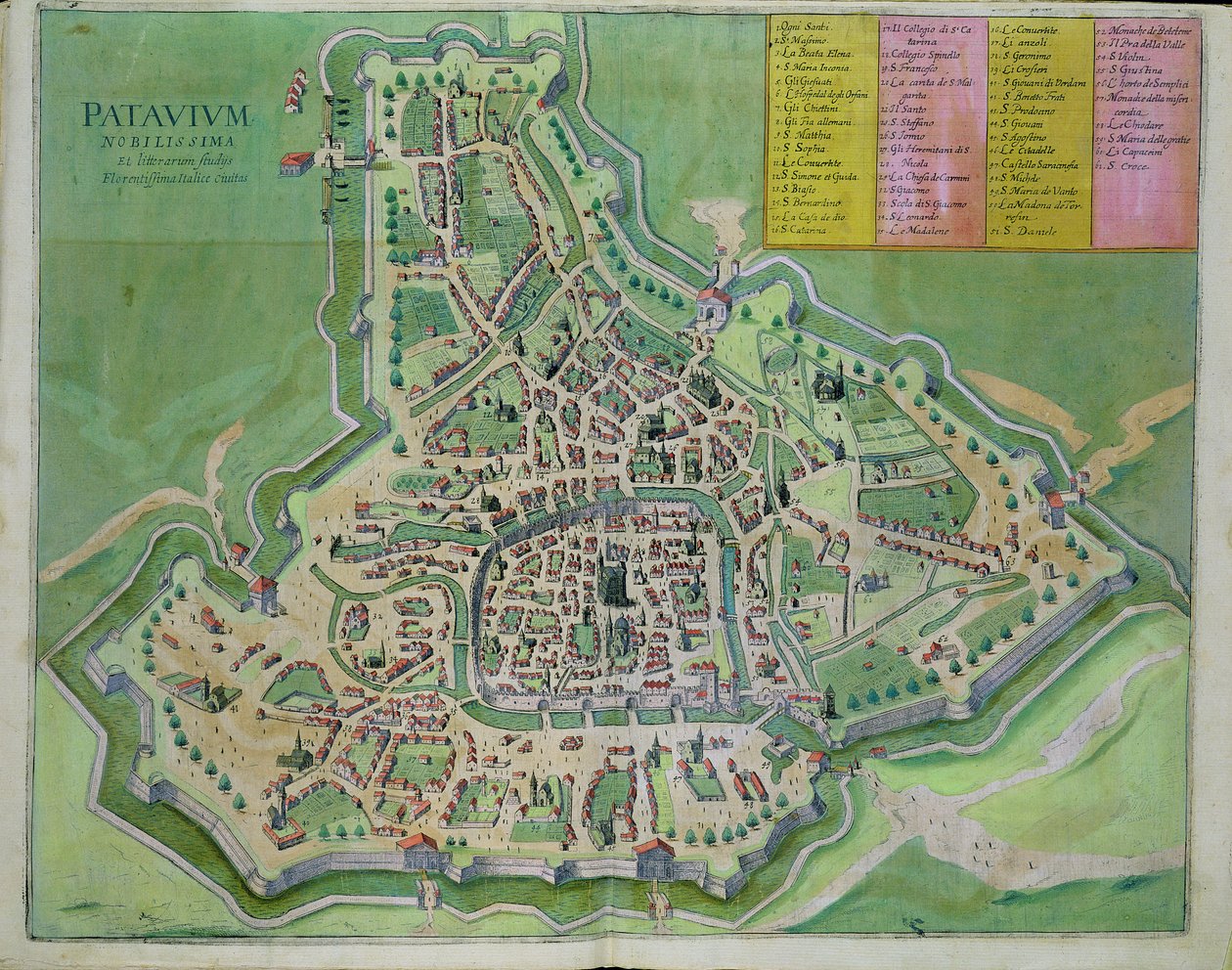 Padova térképe, Georg Braun (1541-1622) és Frans Hogenberg (1535-90) „Civitates Orbis Terrarum” című művéből, 1572-1617 körül alkotó: Joris Hoefnagel