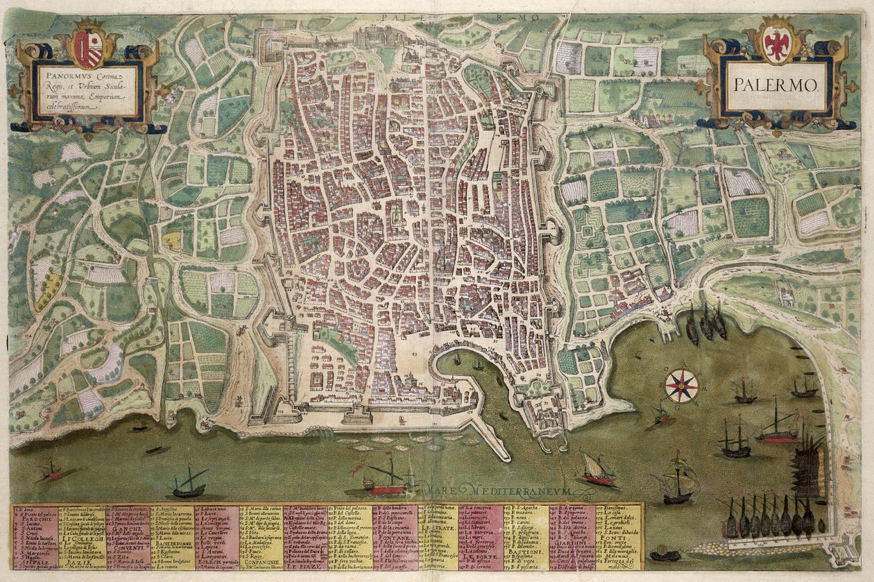 Palermo térképe, Georg Braun (1541-1622) és Frans Hogenberg (1535-90) „Civitates Orbis Terrarum”-ból, 1572-1617 körül alkotó: Joris Hoefnagel