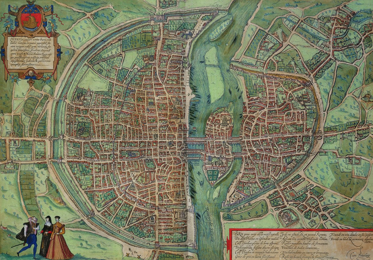 Párizs térképe, Georg Braun (1541-1622) és Frans Hogenberg (1535-90) „Civitates Orbis Terrarum” című művéből, 1572 körül (színes metszet) alkotó: Joris Hoefnagel