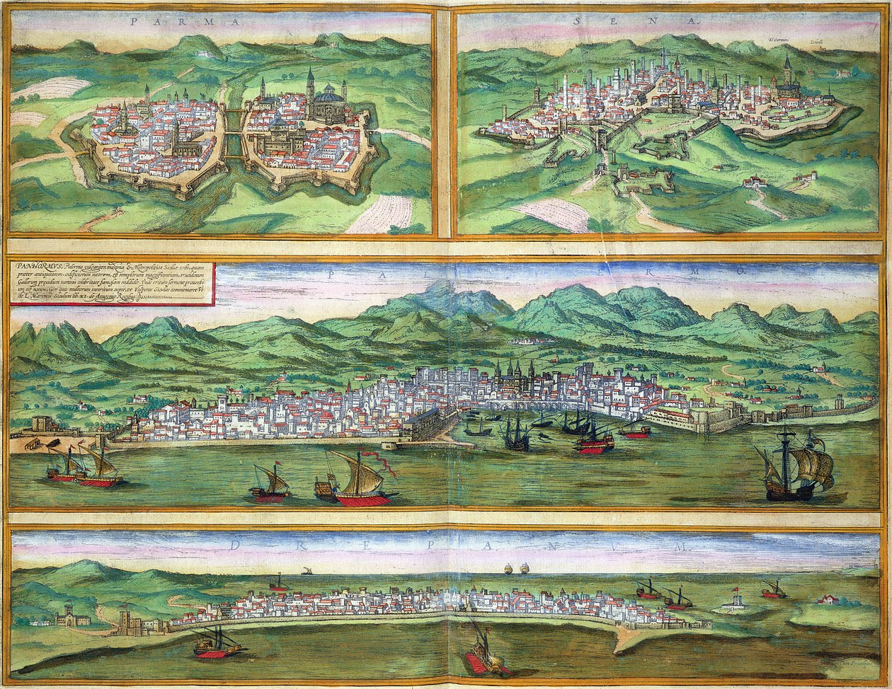 Georg Braun (1541-1622) és Frans Hogenberg (1535-90) Parma, Siena, Palermo és Trapani térképe a „Világ városaiból”, 1572 körül alkotó: Joris Hoefnagel