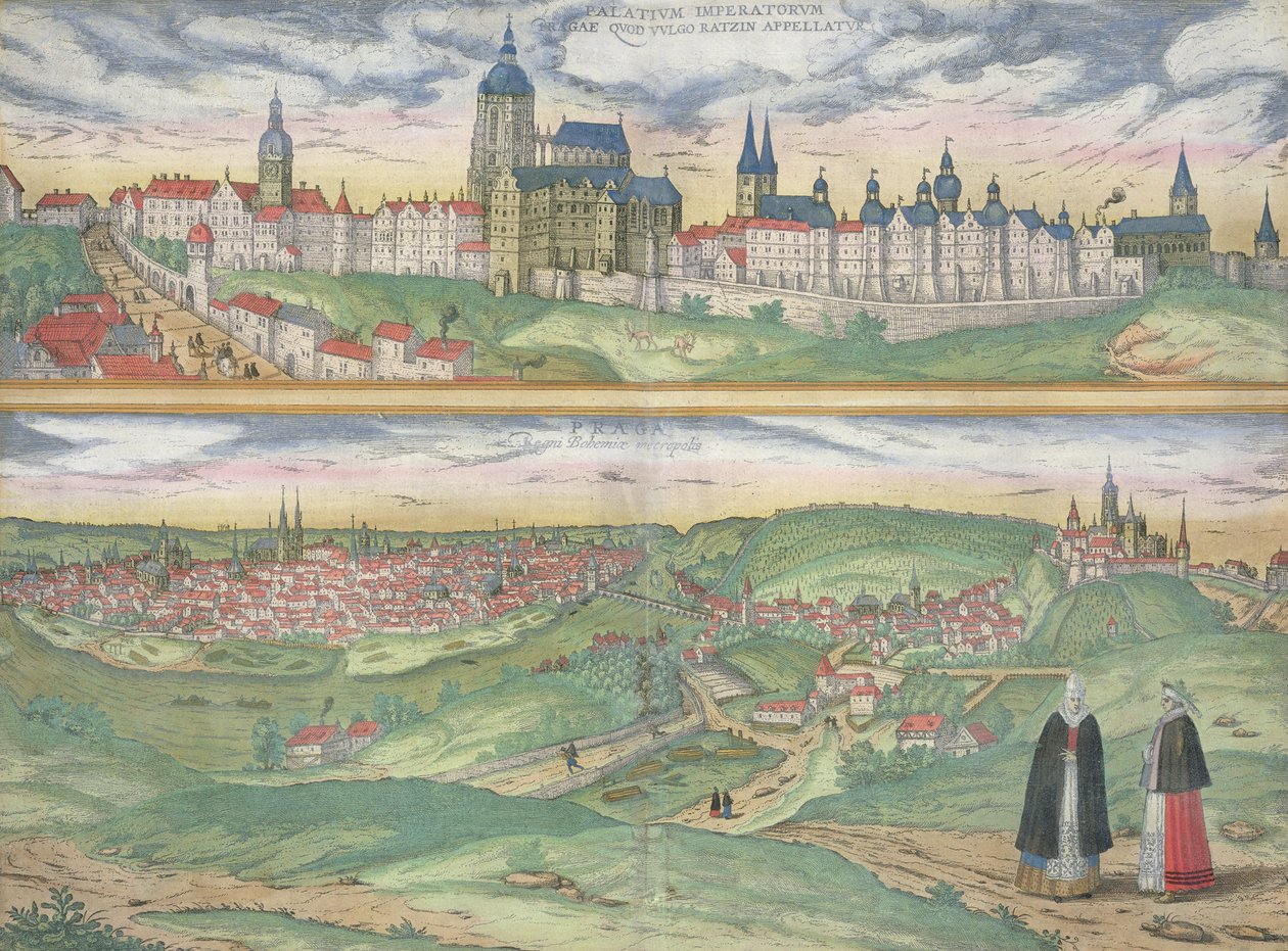 Prága térképe, Georg Braun (1541-1622) és Frans Hogenberg (1535-90) „A világ városai” című művéből, 1572 körül alkotó: Joris Hoefnagel