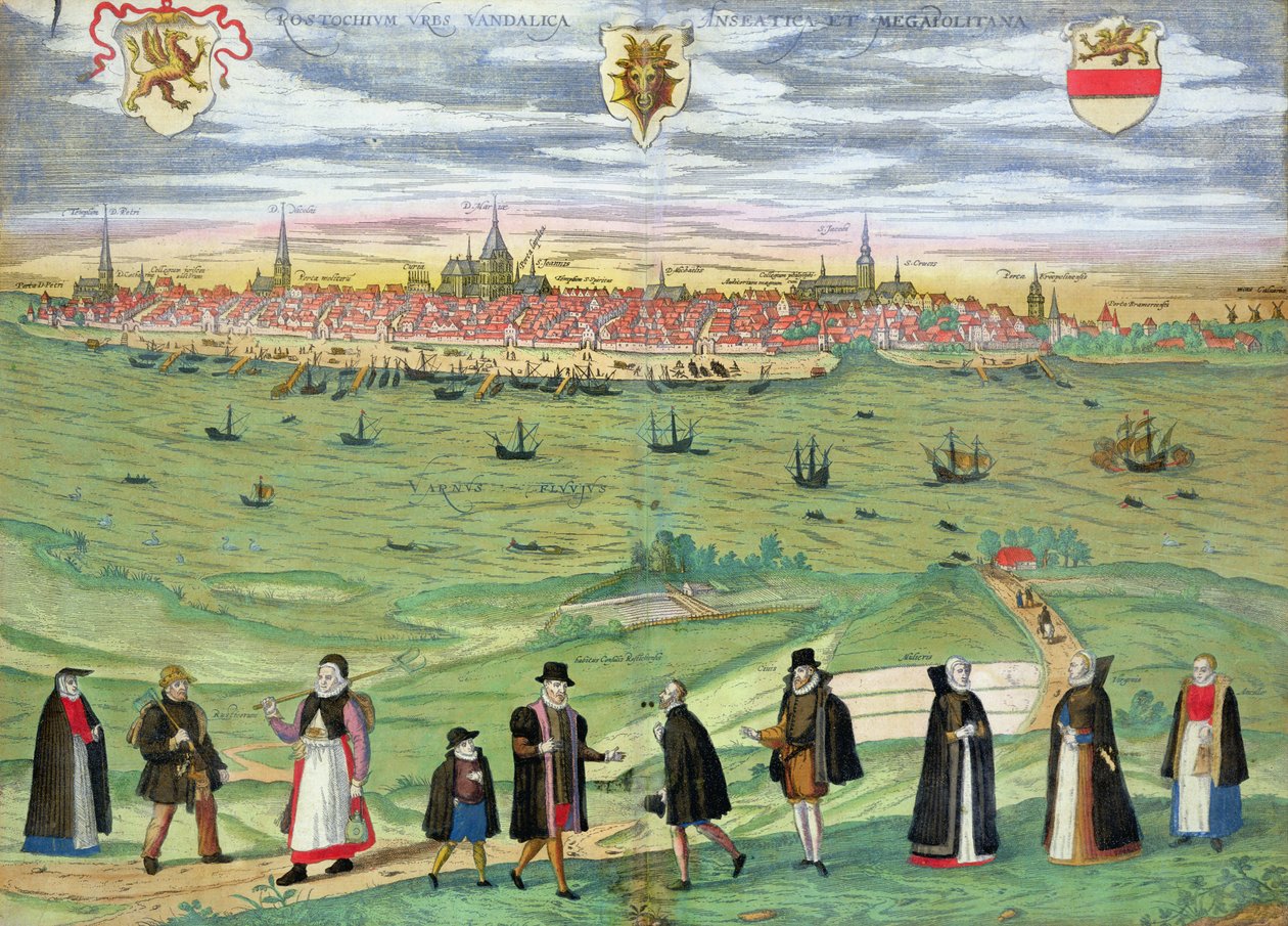 Rostock térképe, Georg Braun (1541-1622) és Frans Hogenberg (1535-90) „Civitates Orbis Terrarum” c. 1572-1617 alkotó: Joris Hoefnagel