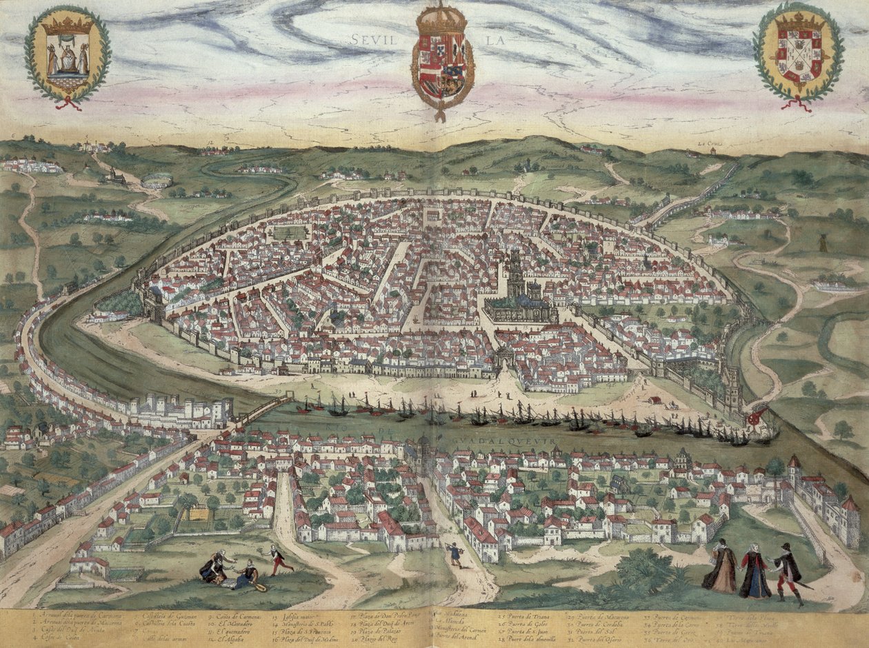 Sevilla térképe, Georg Braun (1541-1622) és Frans Hogenberg (1535-90) „Civitates Orbis Terrarum” c. 1572-1617 alkotó: Joris Hoefnagel