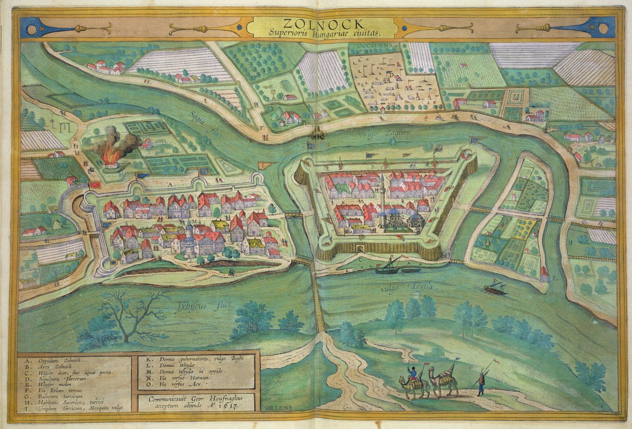 Szolnok térképe, Georg Braun (1541-1622) és Frans Hogenberg (1535-90) "Civitates Orbis Terrarum" című művéből 1617 alkotó: Joris Hoefnagel
