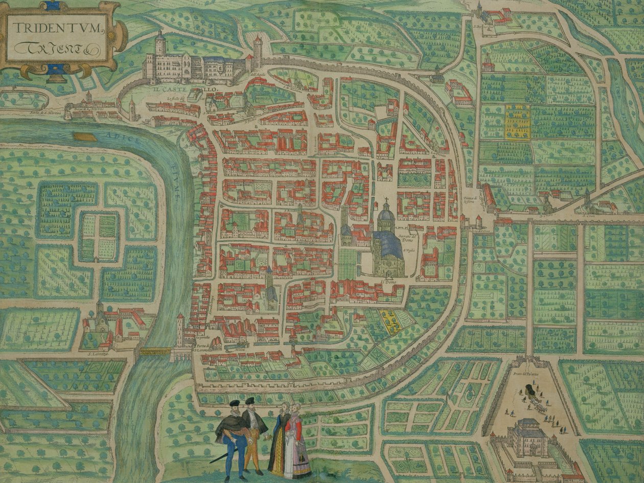 Trento térképe, Georg Braun (1541-1622) és Frans Hogenberg (1535-90) „Civitates Orbis Terrarum”-ból, 1572-1617 körül alkotó: Joris Hoefnagel