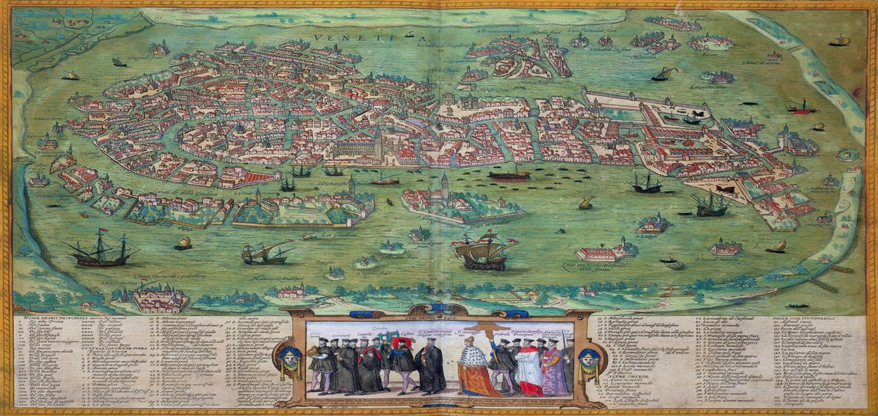 Velence térképe, Georg Braun (1541-1622) és Frans Hogenberg (1535-90) "Civitates Orbis Terrarum" című művéből, 1572 körül. alkotó: Joris Hoefnagel