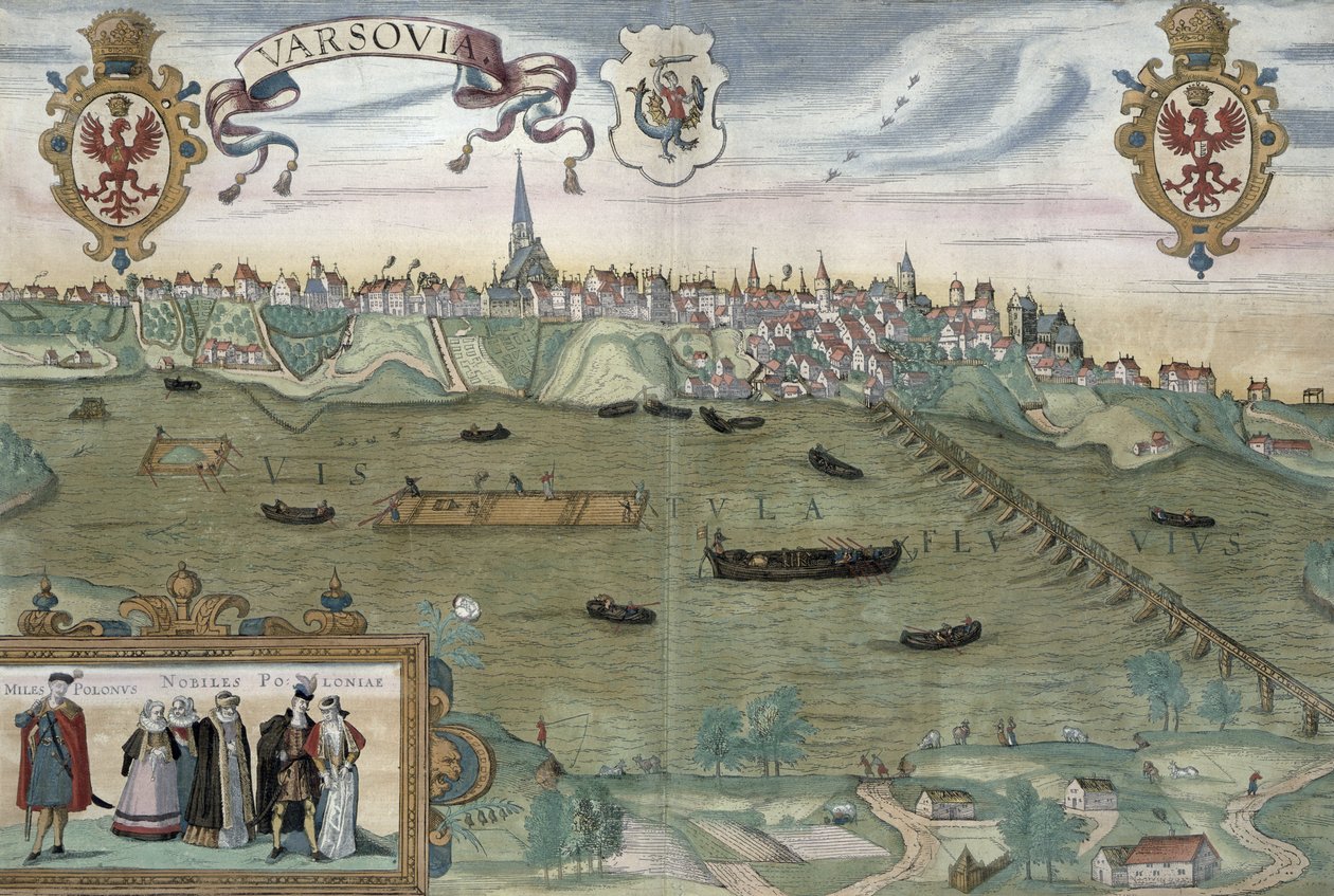 Varsó térképe, Georg Braun (1541-1622) és Frans Hogenberg (1535-90) „Civitates Orbis Terrarum” című művéből, 1572-1617 körül alkotó: Joris Hoefnagel