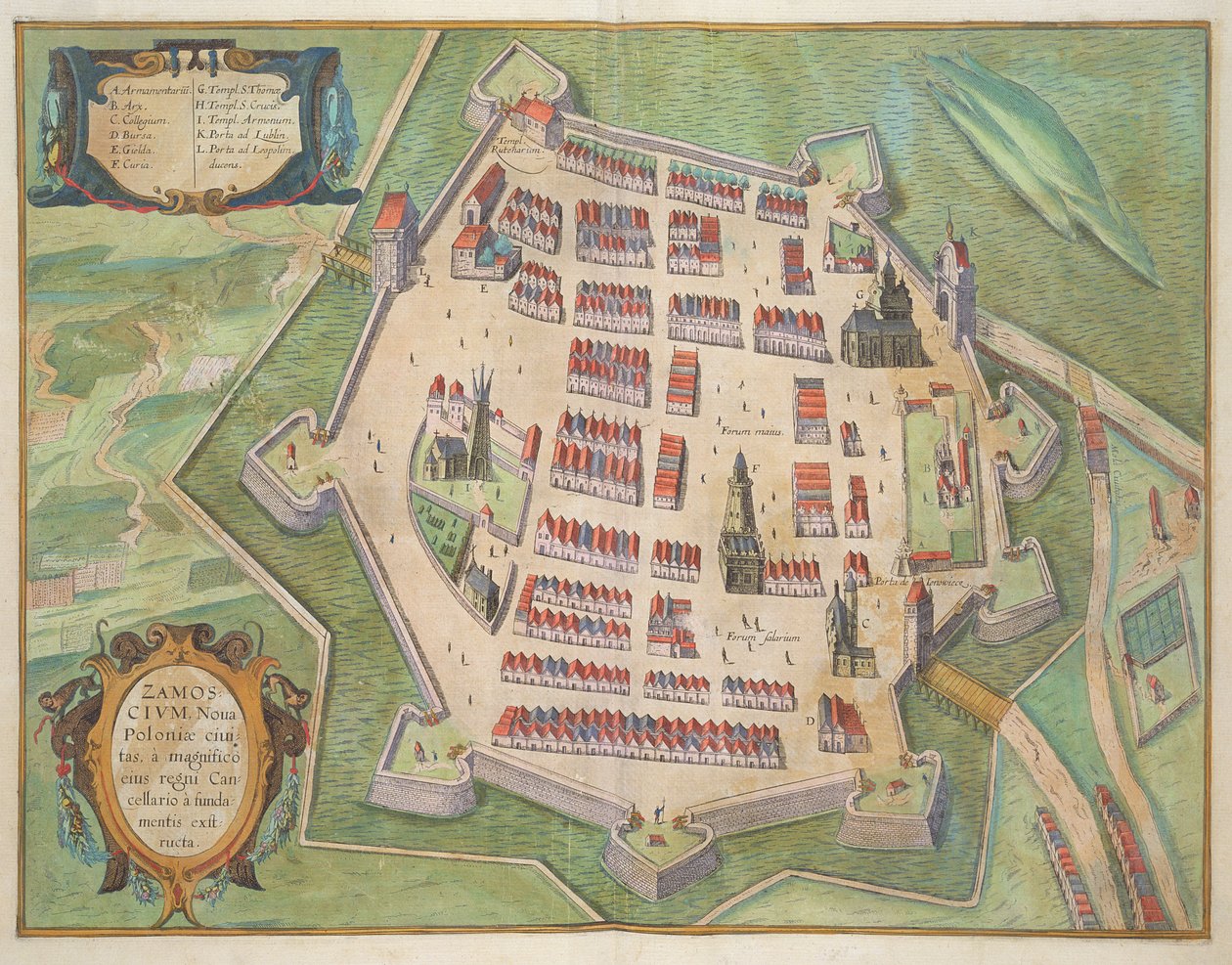 Zamosc térképe, Georg Braun (1541-1622) és Frans Hogenberg (1535-90) "Civitates Orbis Terrarum" című művéből, 1572-1617 körül. alkotó: Joris Hoefnagel