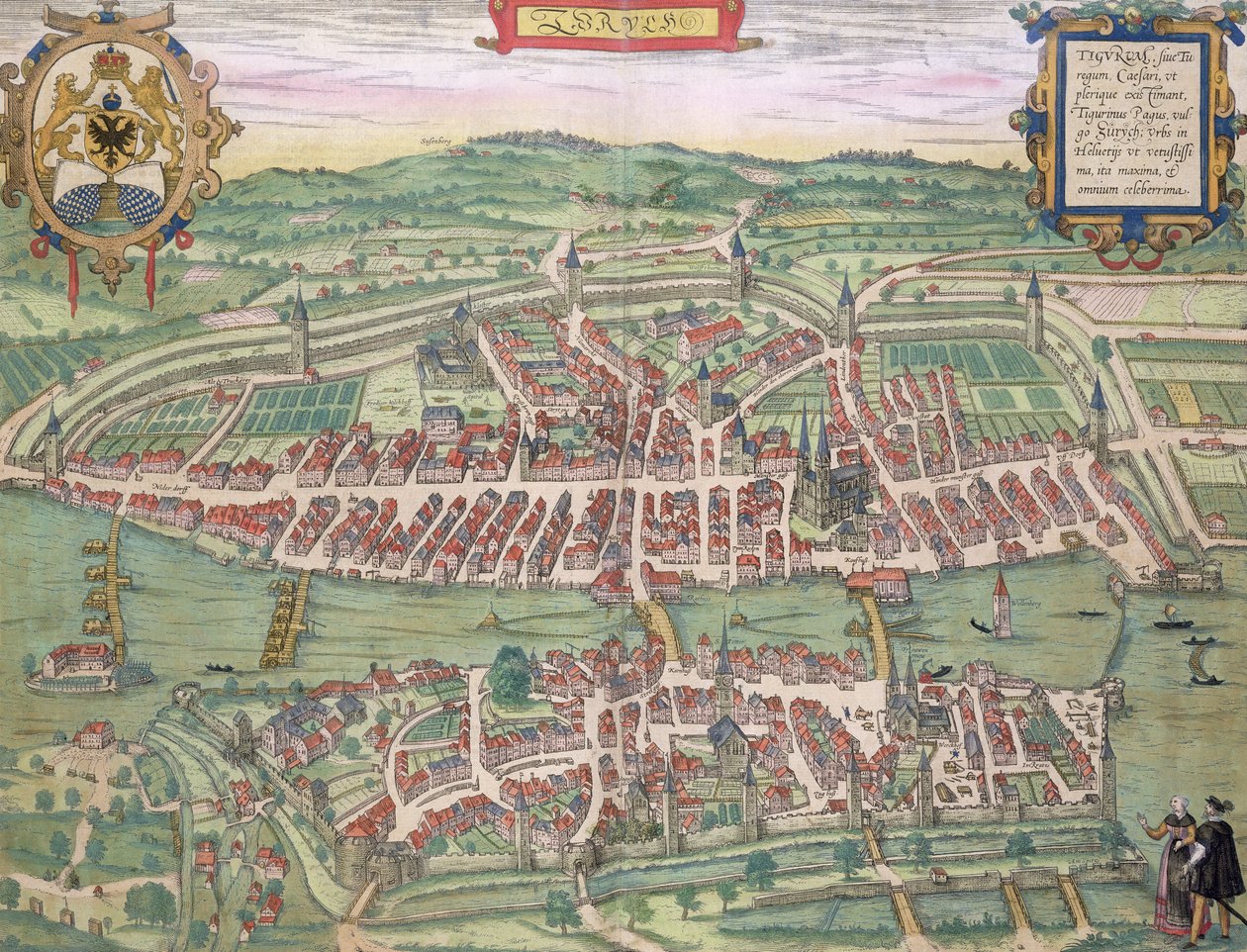 Zürich térképe, Georg Braun (1541-1622) és Frans Hogenberg (1535-90) "Civitates Orbis Terrarum" című művéből, 1572-1617 körül. alkotó: Joris Hoefnagel