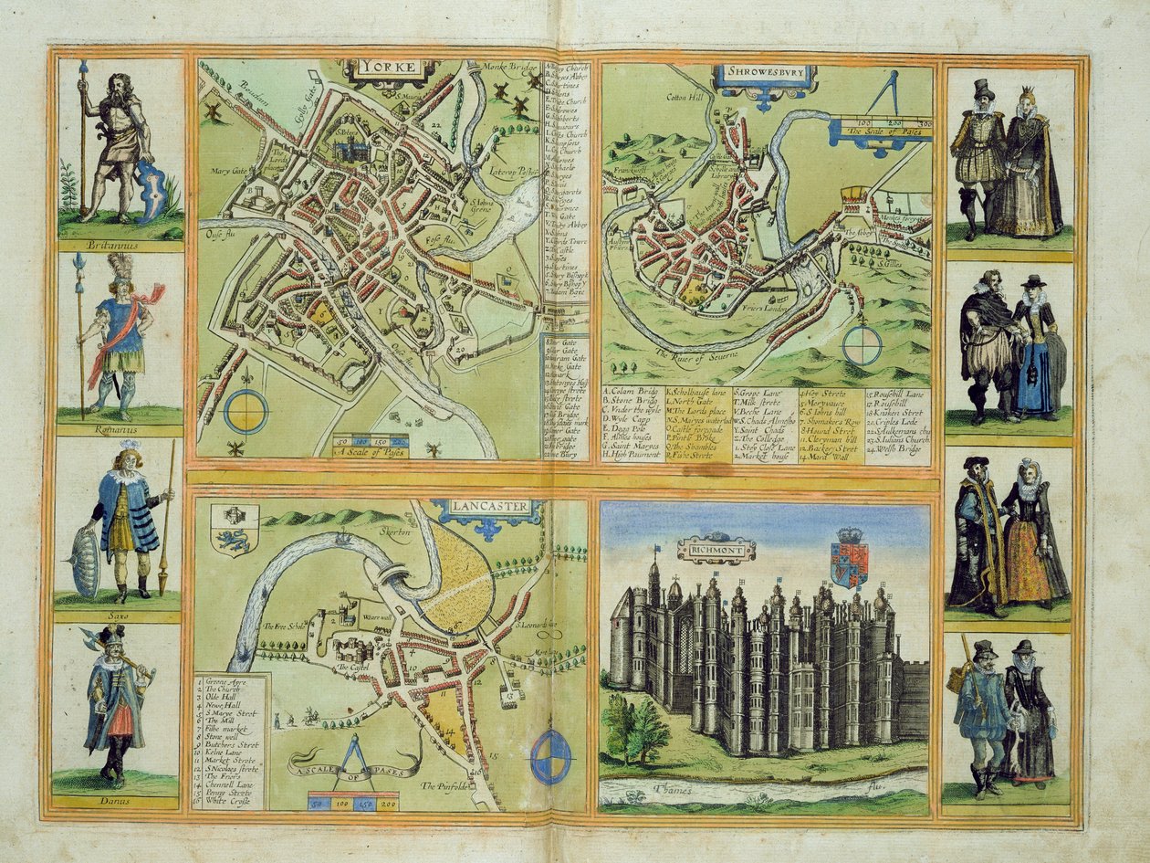 York, Shrewsbury, Lancaster és Richmond térképei Georg Braun (1541-1622) és Frans Hogenberg (1535-90) „Civitates Orbis Terrarum”-ból, 1572-1617 körül alkotó: Joris Hoefnagel