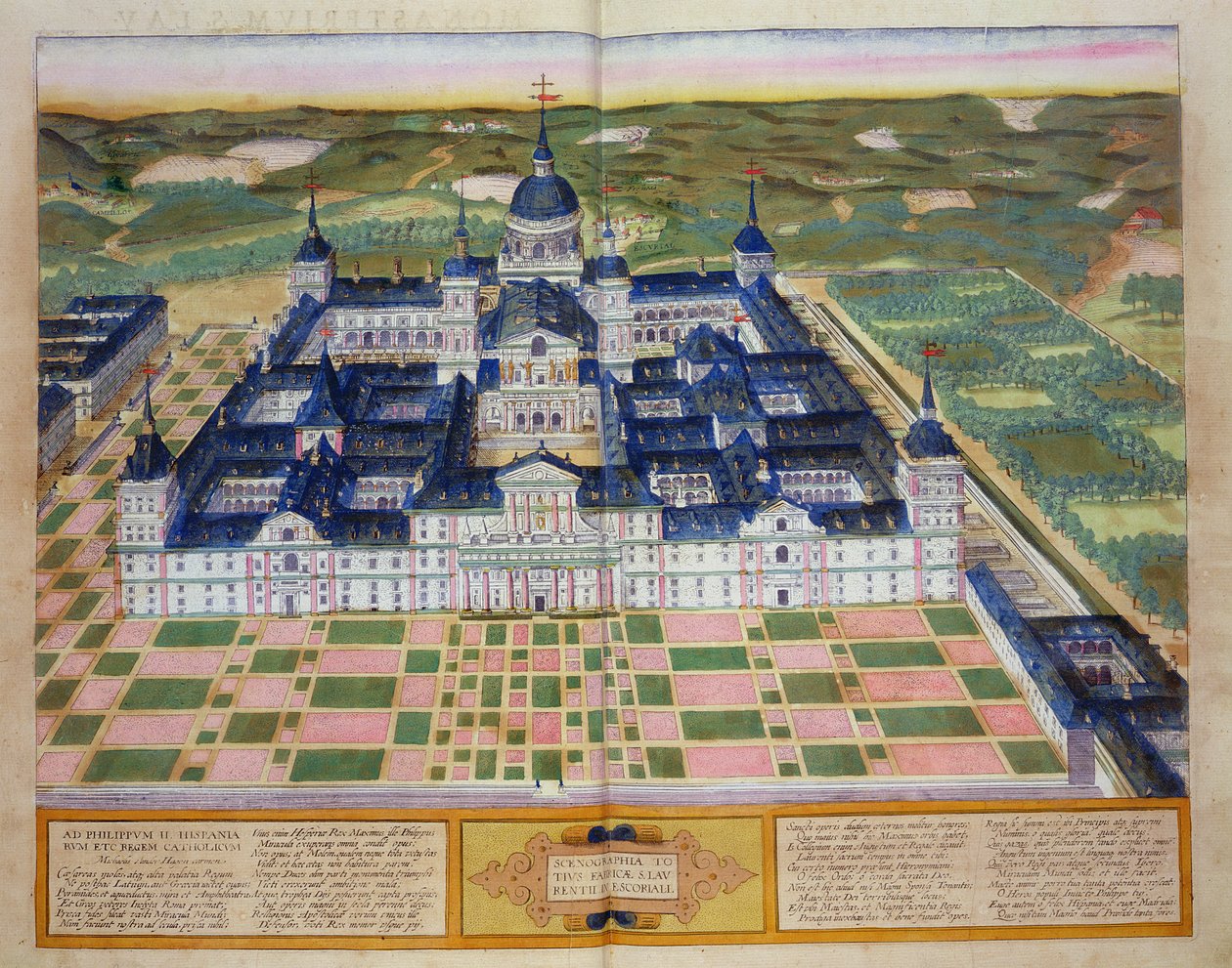 Az El Escorial kolostor terve, Georg Braun (1541-1622) és Frans Hogenberg (1535-90) „Civitates Orbis Terrarum”-ból, 1572 körül alkotó: Joris Hoefnagel