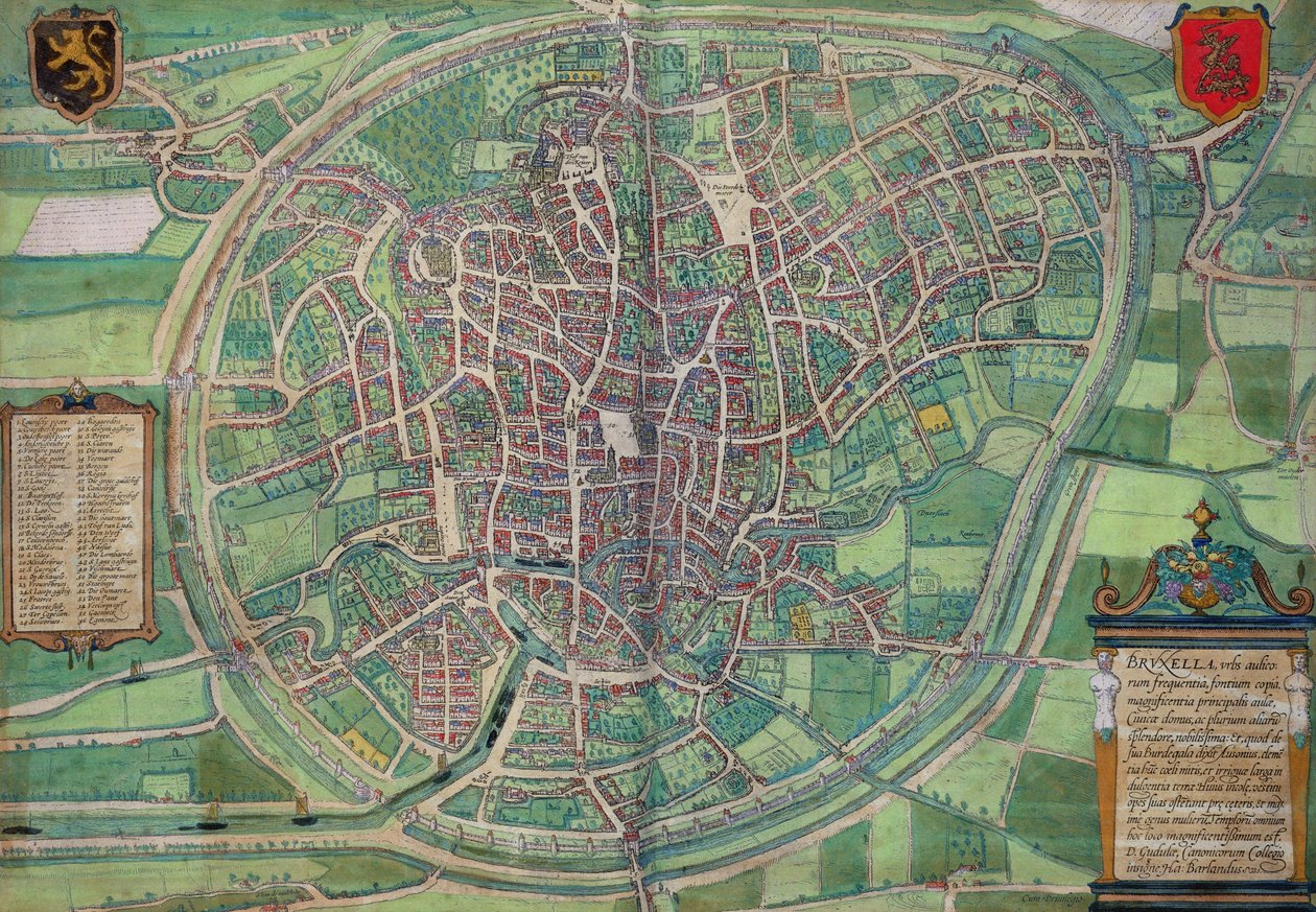 Brüsszel városterve, Georg Braun (1542-1622) és Frans Hogenburg (1635-90) „Civitates Orbis Terrarum”-ból, 1572 körül alkotó: Joris Hoefnagel