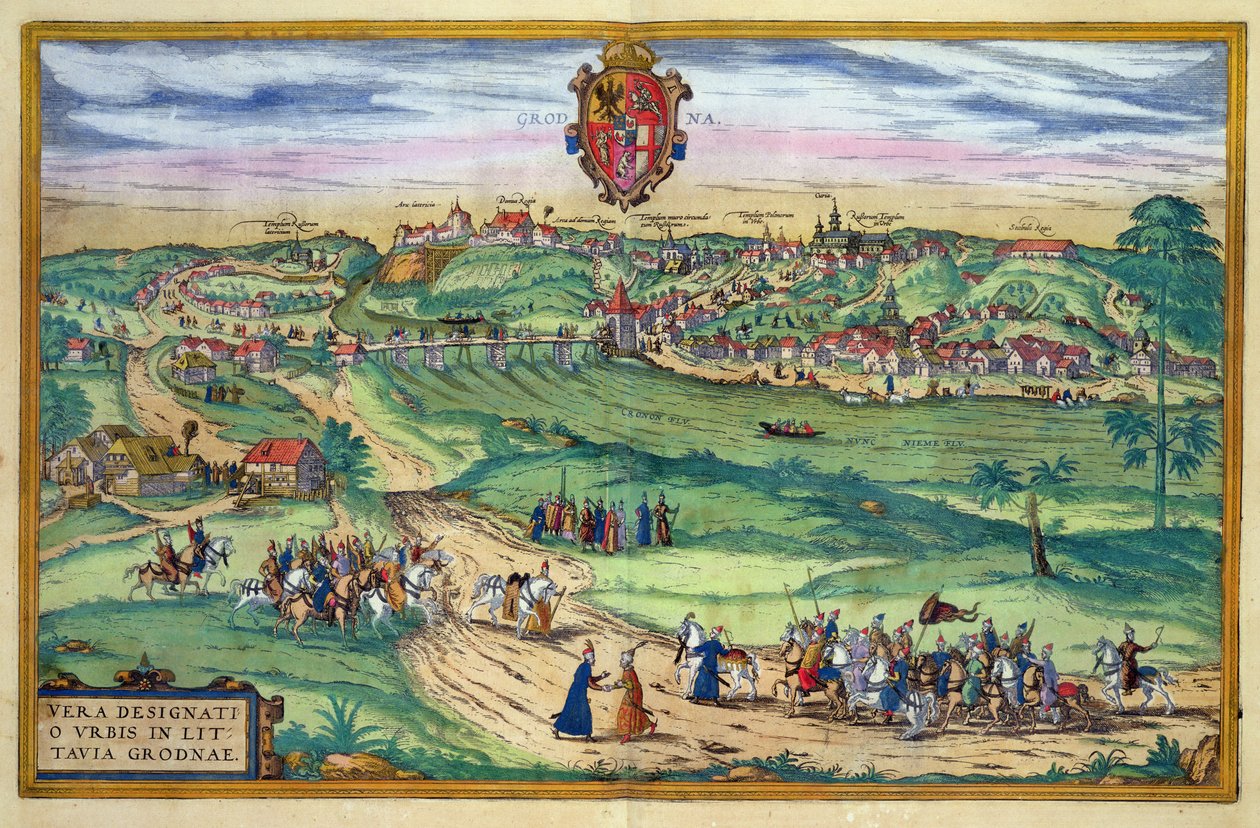Grodno városrajza, Georg Braun (1541-1622) és Frans Hogenberg (1535-90) "Civitates Orbis Terrarum" című művéből, 1572 körül. alkotó: Joris Hoefnagel